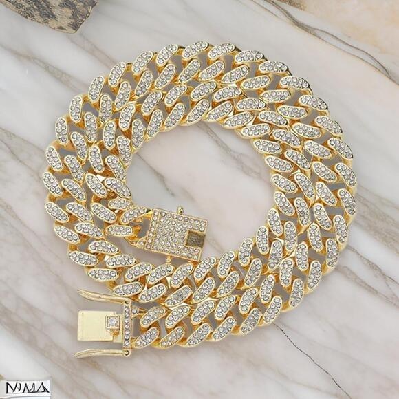 Yellow Rhinestone‎ Studded Cuban Link Curb Chain Necklace Gold 15.7 inches Luxe - Picture 2 of 3